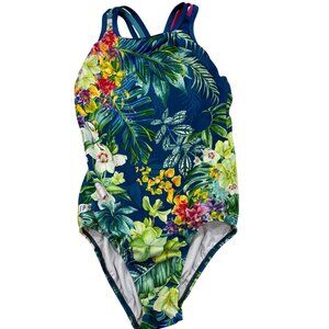 Sylvia P Childs Teal Blue Floral One-Piece Swimsuit Size 10